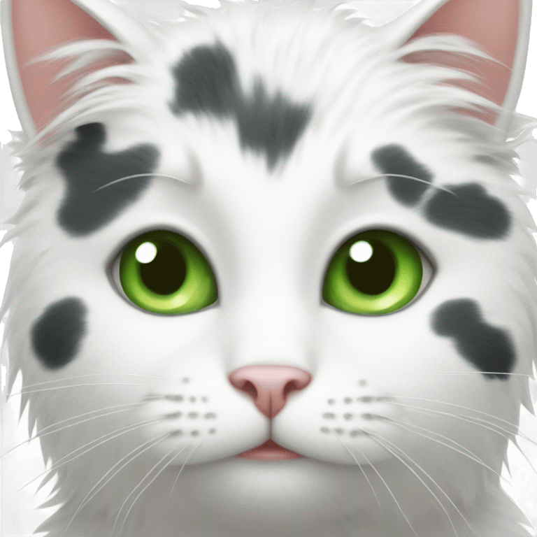 Fluffy white cat with gray cow spots green eyes emoji