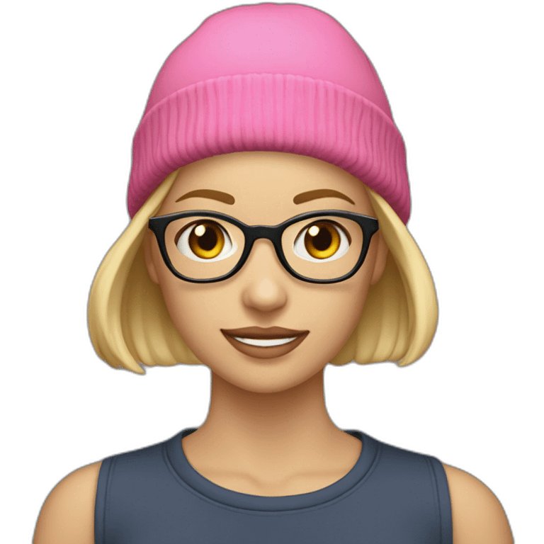 30 year old white woman short straight blond hair with a beanie on her heard and glasses emoji