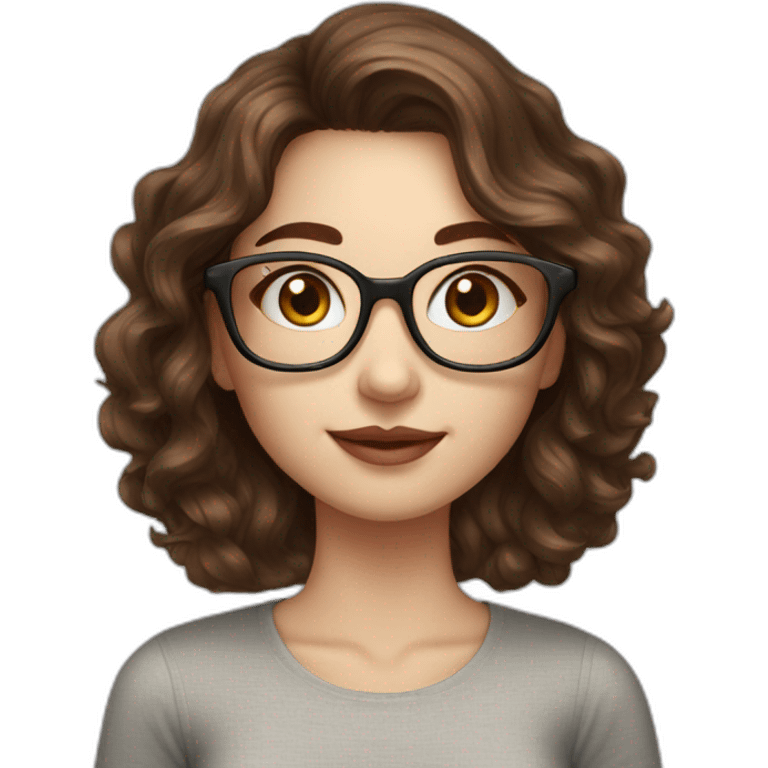 gorgeous young lady, white skin, wavy brown hair, glasses, emoji