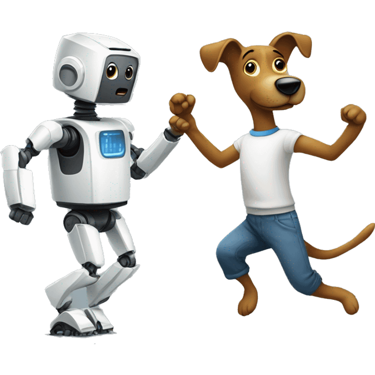 A dancing robot and a dog emoji