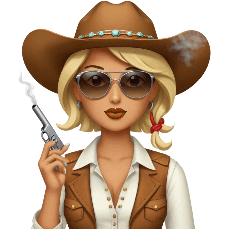 Cowgirl wearing sunglasses, smoking a cigarette, and holding a gun  emoji