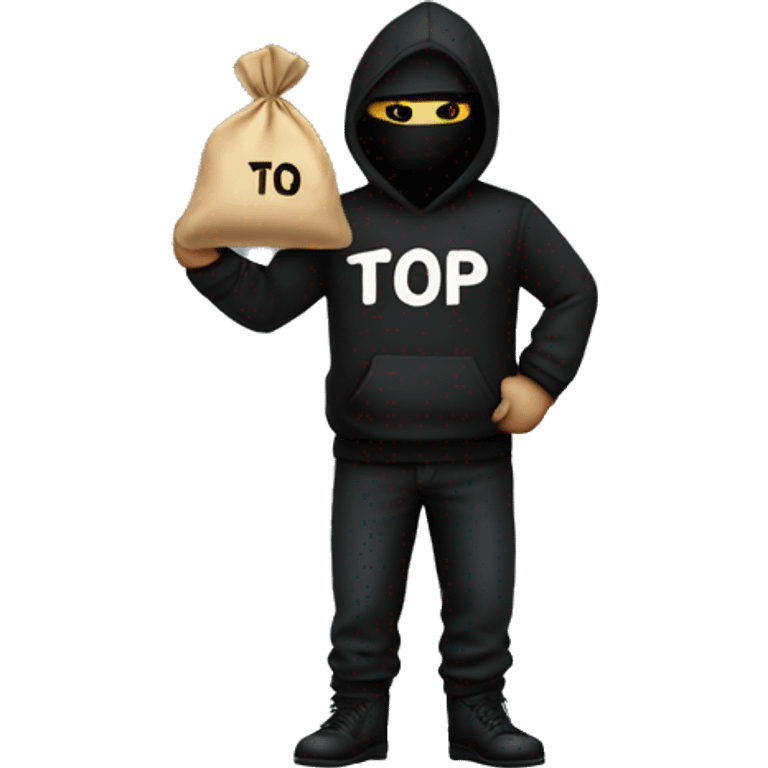 Thief wearing all black clothes stealing a money bag with the words Top Tier stitched in it emoji