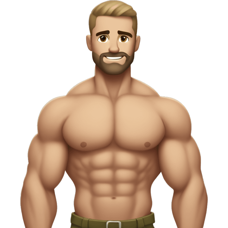 White skin, Shirtless, brown hairy chest, Bodybuilder, biceps, military haircut emoji