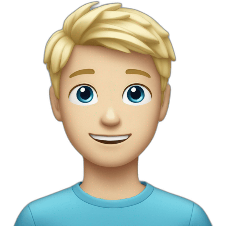 Blonde teen boy with medium short hair, blue eyes, waving hi to the camera emoji