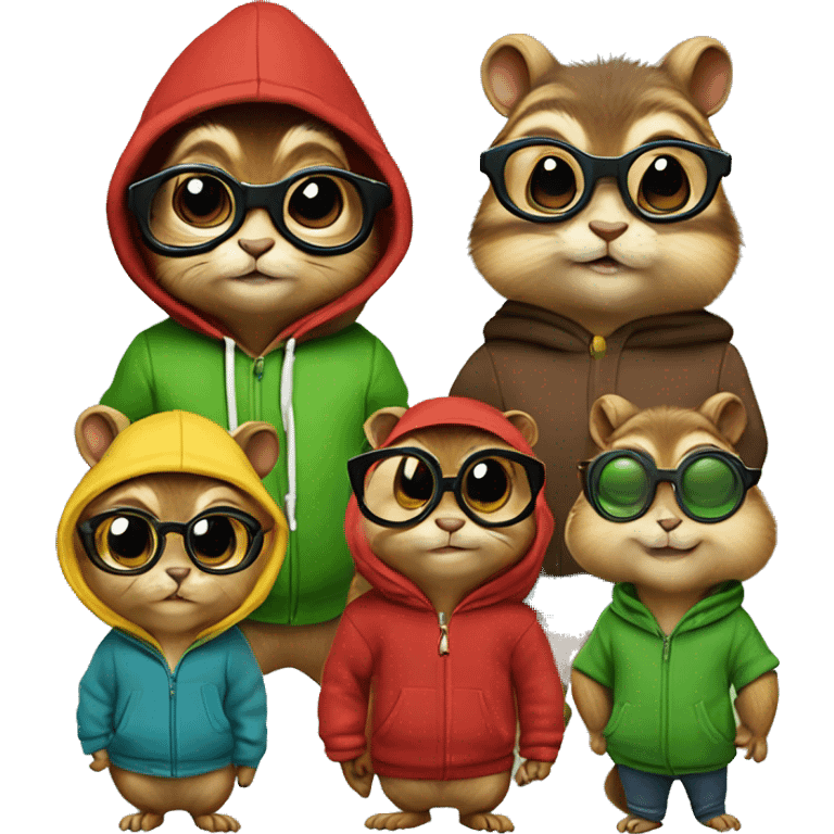 Chipmunk with red sweater with a yellow A on the front, a tall chipmunk with black circular glasses and a blue hoodie, short and chubby chipmunk with a green hoodie emoji