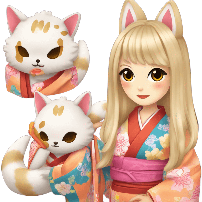 hime gyaru girl, kimono, kitsune mask emoji