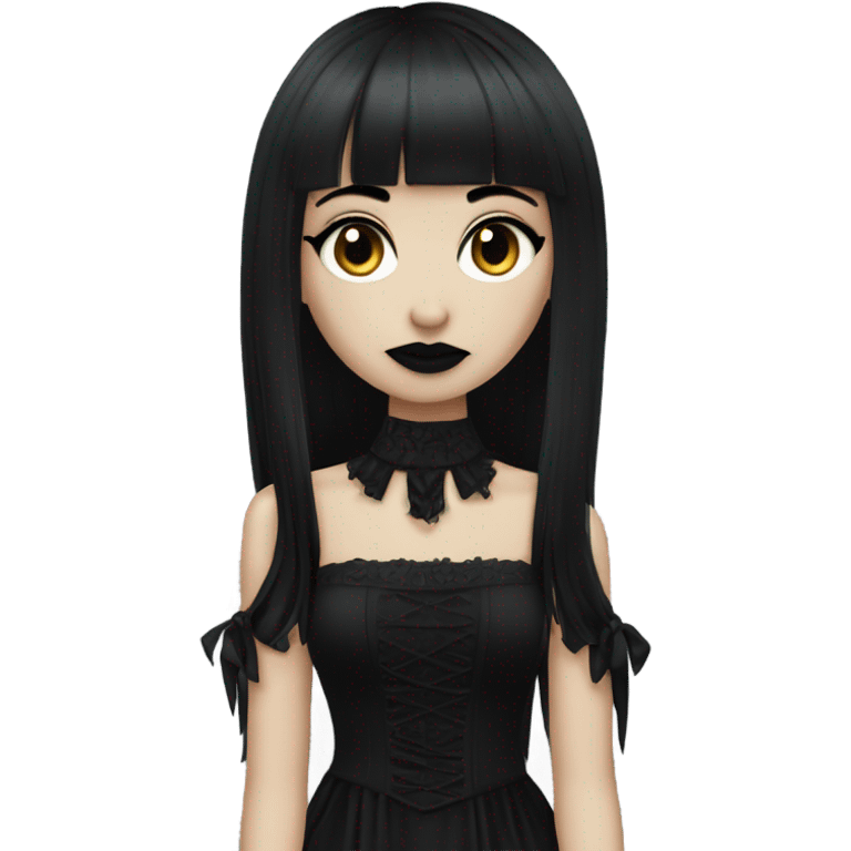 one single goth women, dark hair, long hair, short bangs, dark makeup, gothic detailed dress emoji