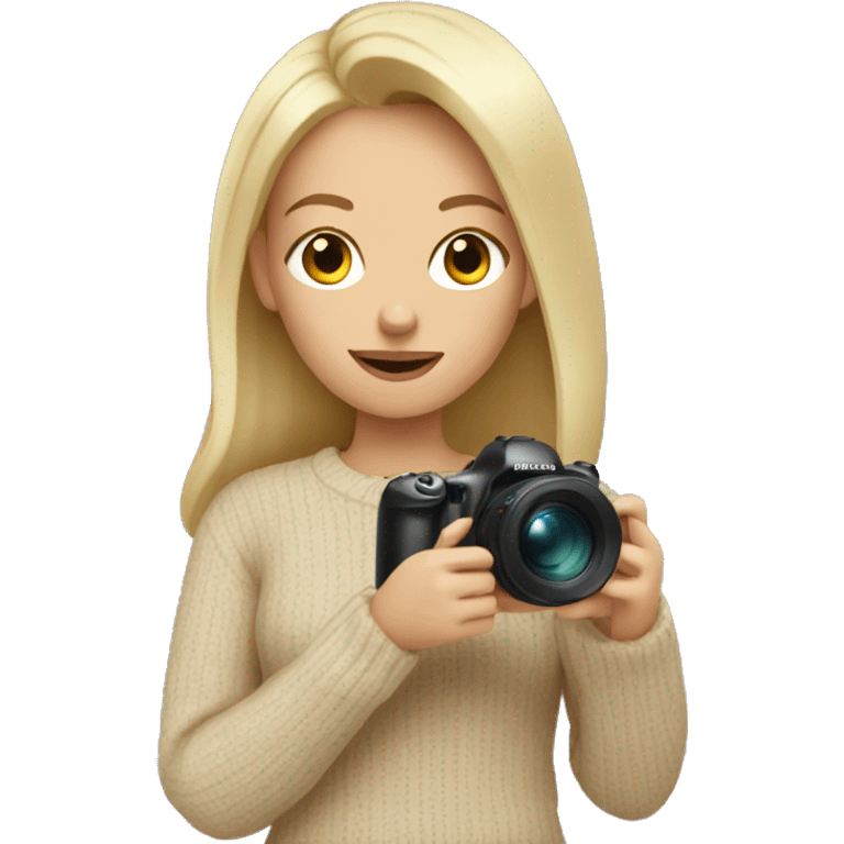 blonde in beige sweater holding camera emoji