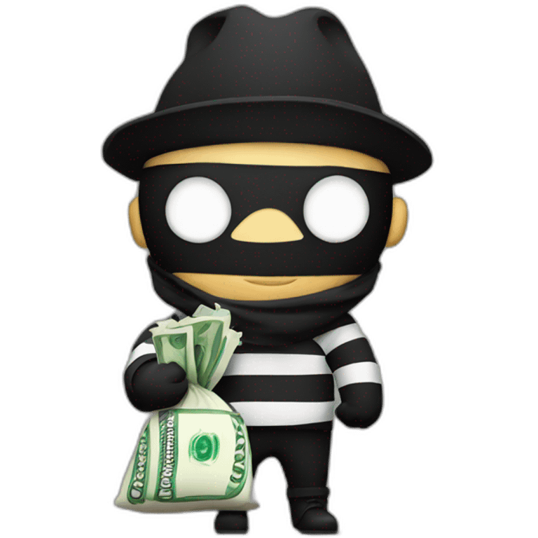 a bandit in striped clothes and a black mask over his eyes, carries a bag of money behind his back emoji