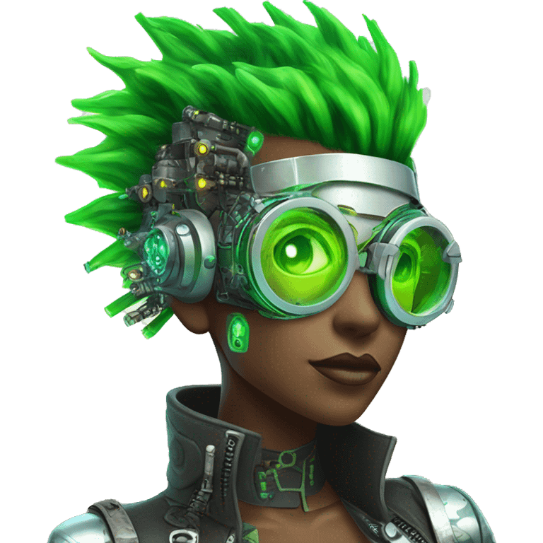 Neon green Mohawk hair female cyborg head with silver steampunk goggles and circuits emoji