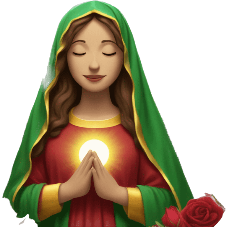 Virgin Mary: kind face looking down at the left, long brown hair, Wearing an emerald green  robe with gold stars and a burgundy red dress,  Hands in prayer or blessing. Halo around her head. standing in front of a big sun. colorful roses on the sides  emoji