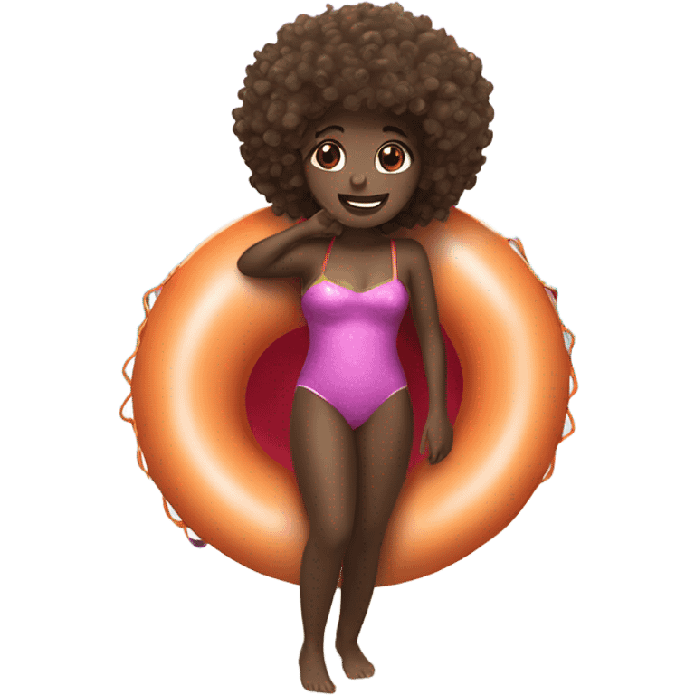 girl with curly hair and dark skin in a swimsuit on an inflatable tube floatie  emoji