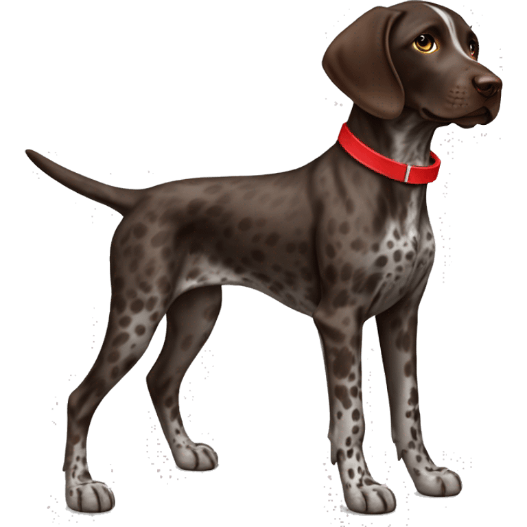 Dark Brown spotted German short haired pointer puppy with ticking with red collar  emoji