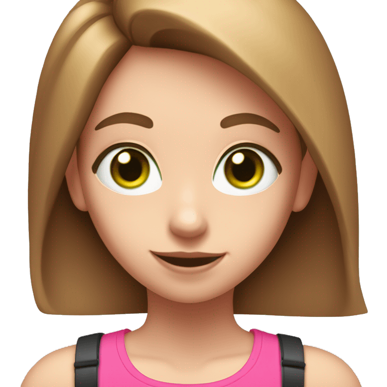 a girl with brown long straightened hair and with Green eyes with pink leggings and pink sports top with a protein shake in her hand emoji