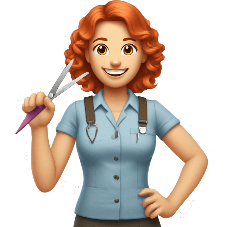 The manicure master is a red-haired girl with a nail file and scissors in her hand. He smiles, winks and calls for an appointment with his other hand emoji