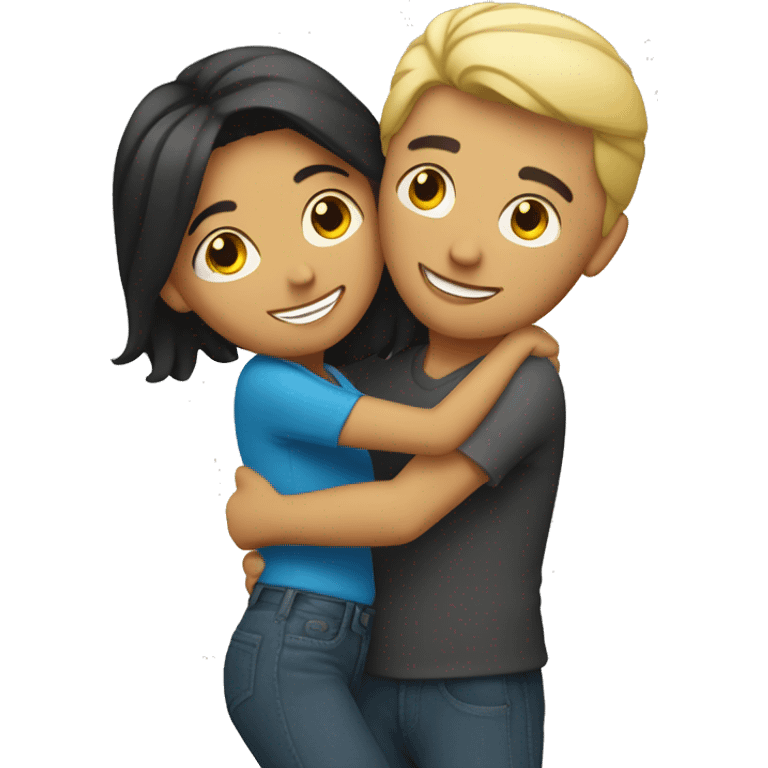 Blond man and hispanic woman hug each other emoji