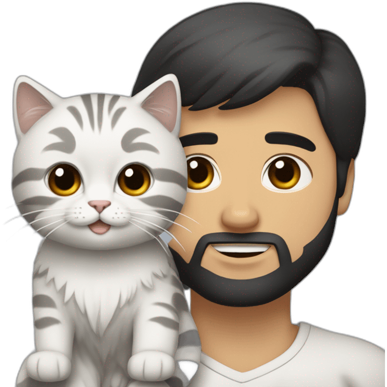 Uzbek white guy with beard and short black hair and brown eyes carrying a grey and white Siberian cat emoji