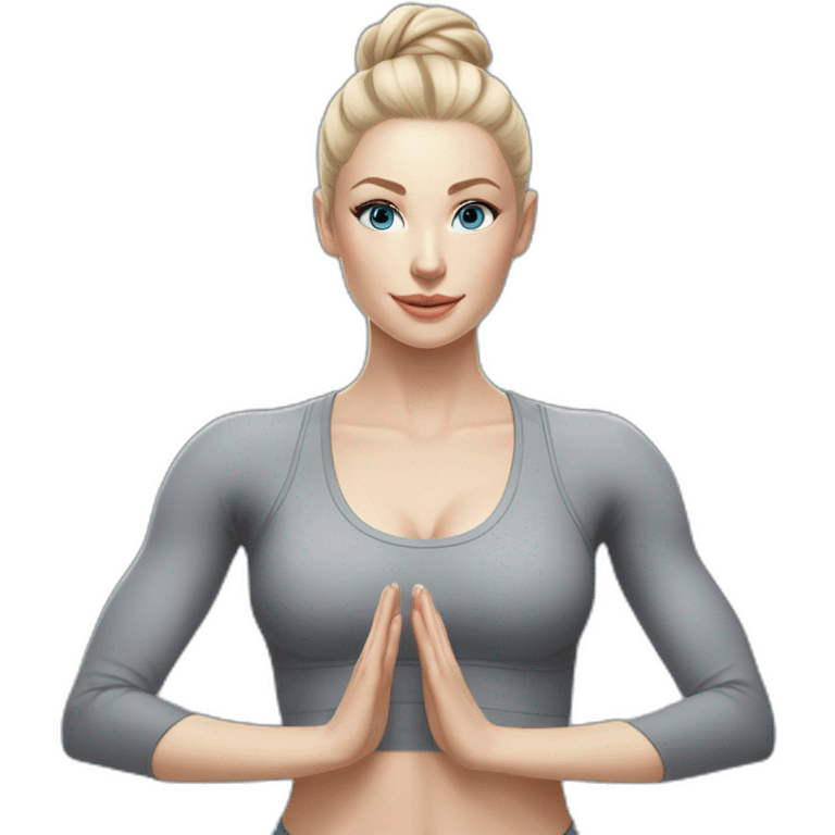 Pale skinned fit woman In a gray tight yoga suit and wristbands With ash blonde hair in a bun doing yoga with Blue eyes emoji