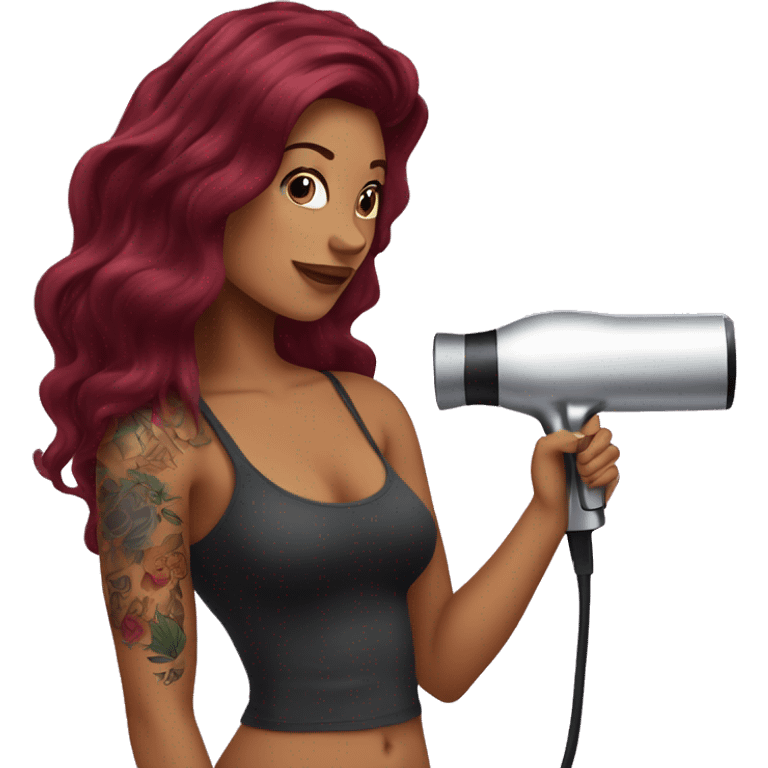 Beautiful tattooed  burgundy long haired woman blow drying her hair emoji