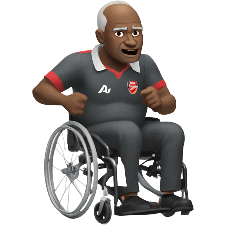 old black bald man with a round belly in wheelchair. angry face. grey stubble. he is pointing finger in front. wearing Arsenal soccer shirt. a speech bubble with the word: "Mojdeh!" emoji