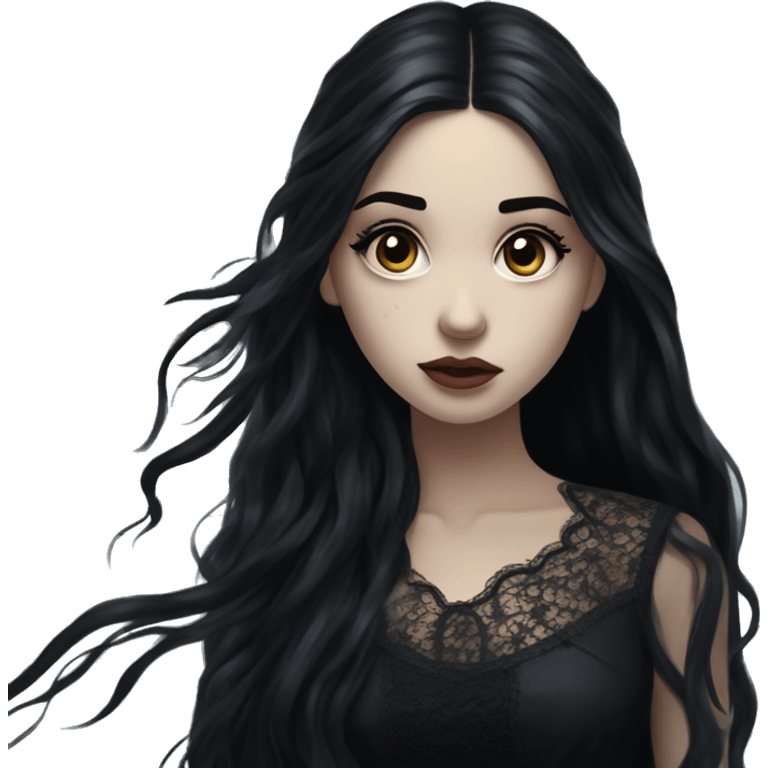 Dramatic girl  very pale with dark lighting  with black hair  in river with very very long lace dress  black long hair flying in the wind sad face  white eyes emoji