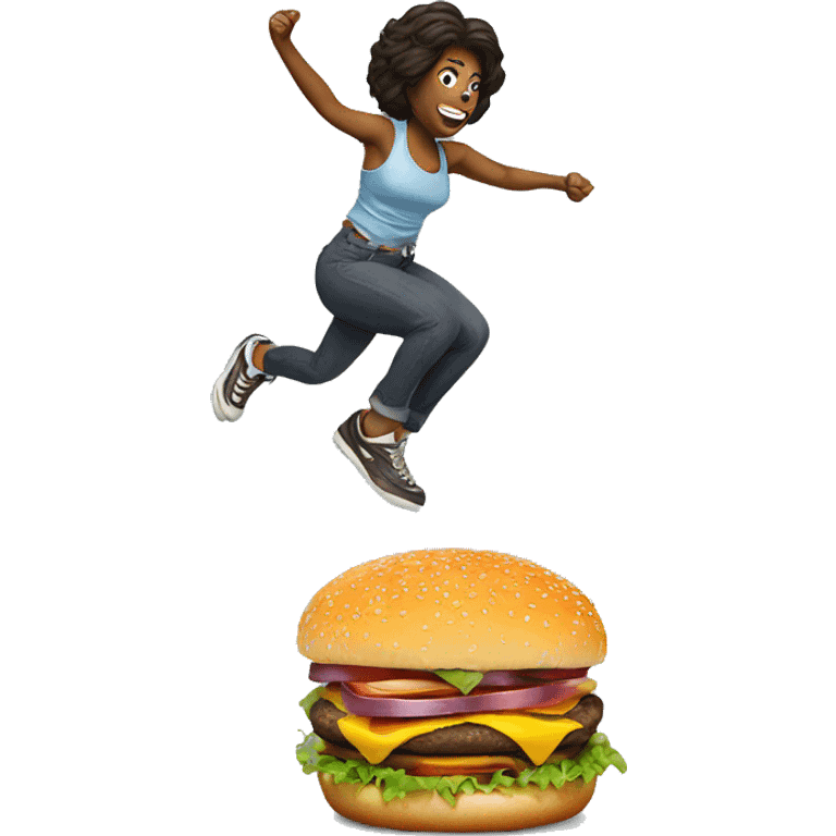 woman jumping on burger emoji