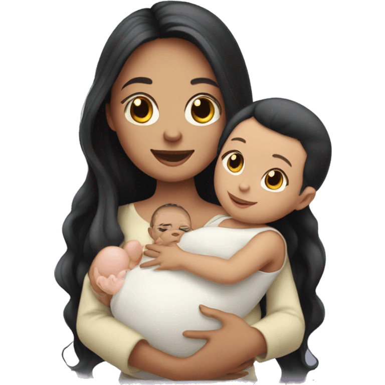 Pale girl with long black hair is holding a newborn baby emoji