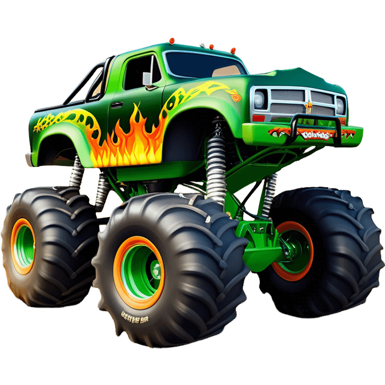 Grave Digger - Monster Jam (Model Year: 2022) (Iconic colour: Green with flames) - A legendary monster truck with a fearsome design: predominantly deep green with dynamic, vibrant flame graphics in bright orange and yellow. Highlight its rough, edgy bodywork and an aura of untamed rebellion. emoji