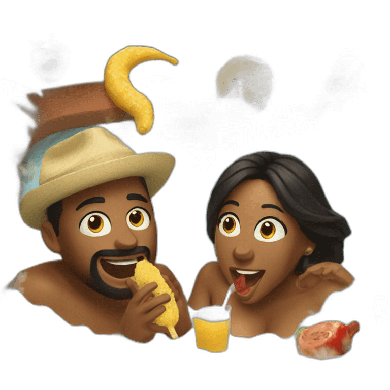 Two people singing into mics in a hot tub while eating a Cajun dinner emoji