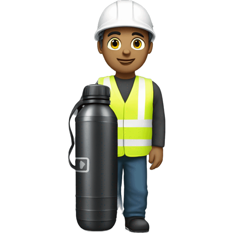 A standing engineer wearing white helmet and holding a black water bottle emoji