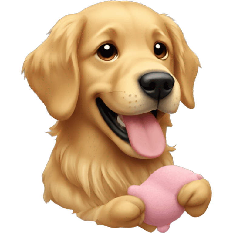 Golden retriever holding a stuffed animal dog in its mouth emoji