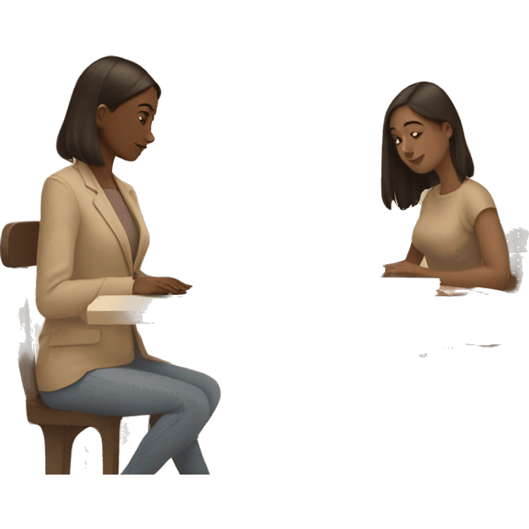 A girl at a table with a laptop. A a cup of coffee on the left side of the table. Books on the right side of the table. in beige tones emoji