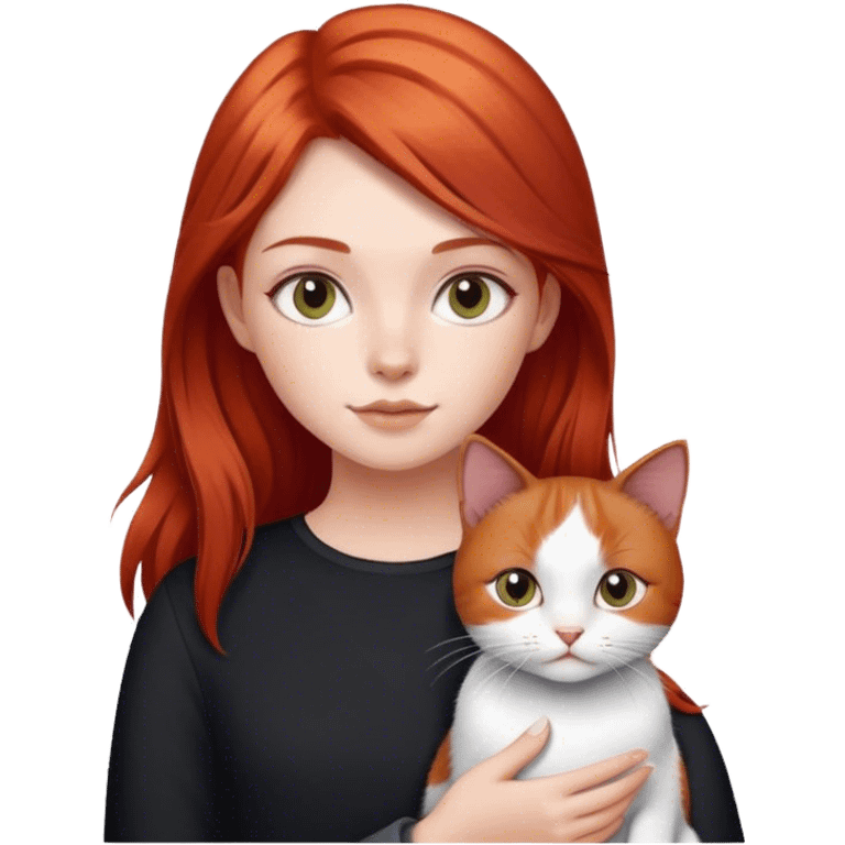 red haired girl with black and white cat emoji