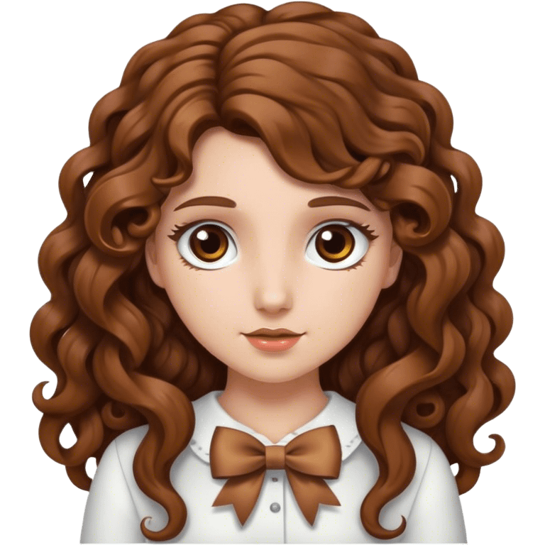 white girl with long brown curly hair and brown eyes and bow in hair emoji