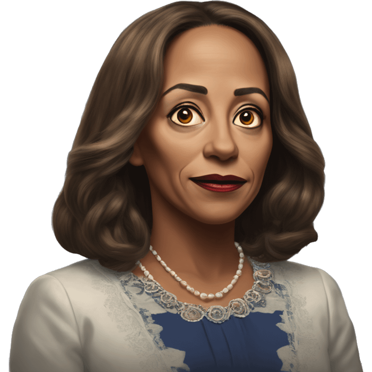 US president Kamala in Elsa style, oil paint, mysterious eyes, intricate lips, masterpiece portrait, odd perspective, beautiful, desirable, logical, midsommar, ikea emoji