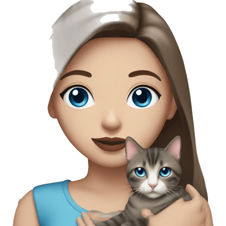 Woman with dark long hair, pink lips and blue eyes holding a tabby cat  emoji