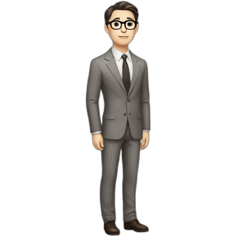 Full height Pale skinned Fit Man With dark brown hair in classic gray suit, beige office shirt, dark gray tie, and vintage glasses. His hands lock emoji