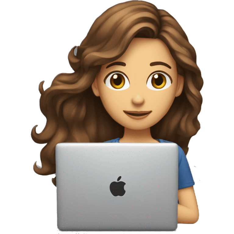 female coder with apple laptop in front of her, long wavy brown hair, brown eyes emoji