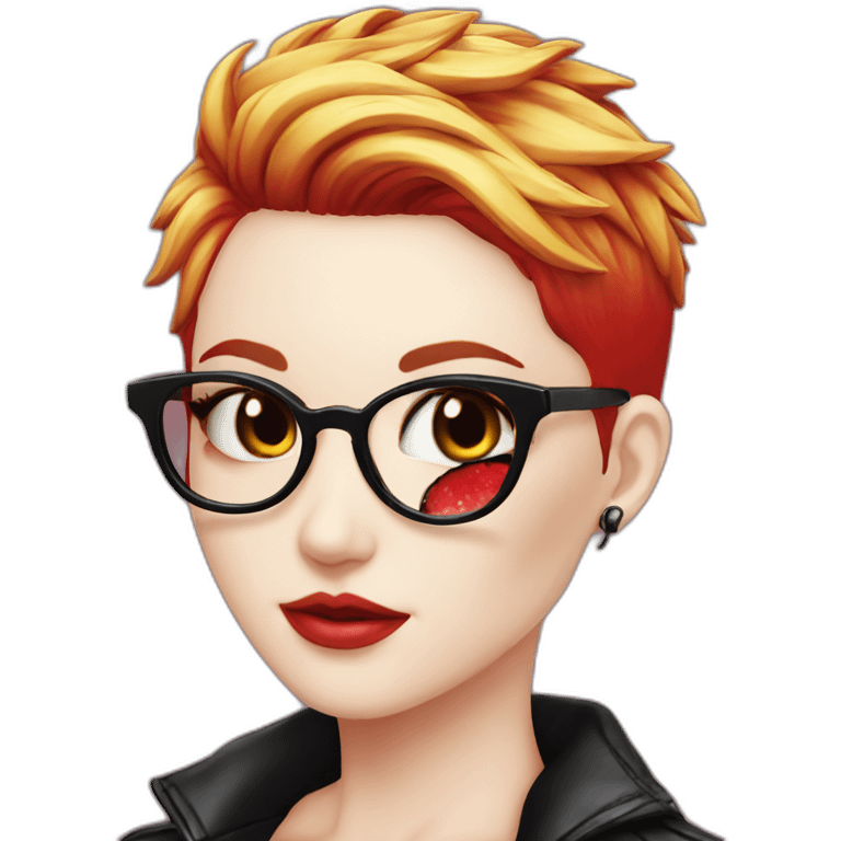 Punk female earrings glasses,red and black short hair, emoji