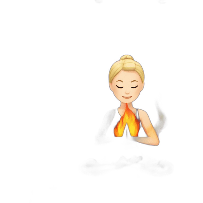 white woman doing yoga surrounded by fire emoji