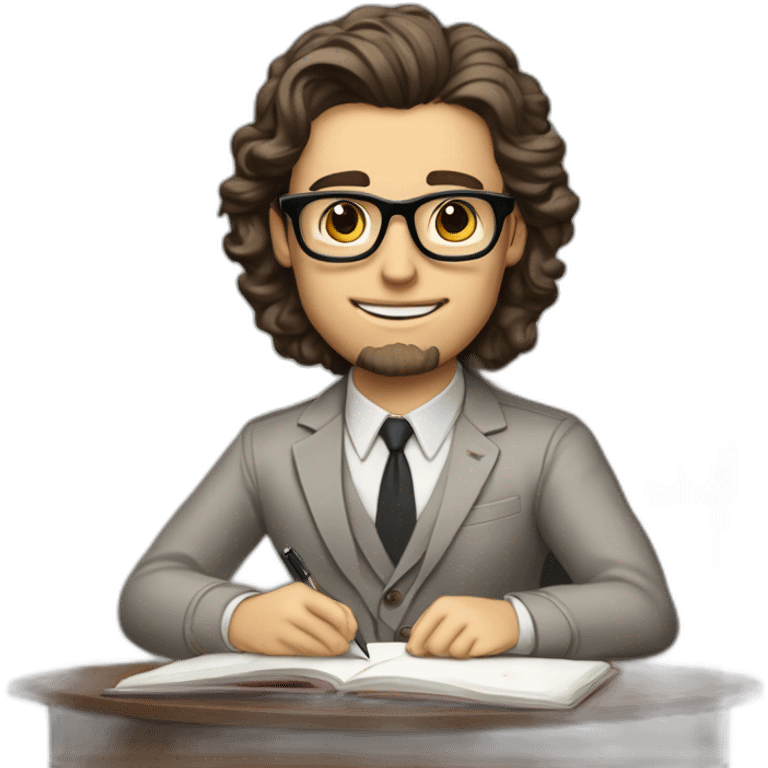 Pale skinned Fit Man With dark brown hair in gray jacket, beige office shirt and vintage glasses sitting In a soft chair with a notebook with emblem Ψ and a pen in his hands emoji