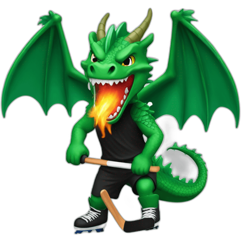 green dragon wearing a black t-shirt playing ice hockey and spitting fire from the mouth emoji