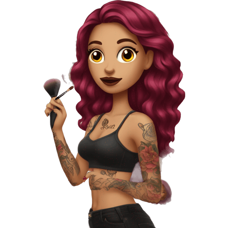 Beautiful tattooed burgundy long haired woman doing her makeup emoji