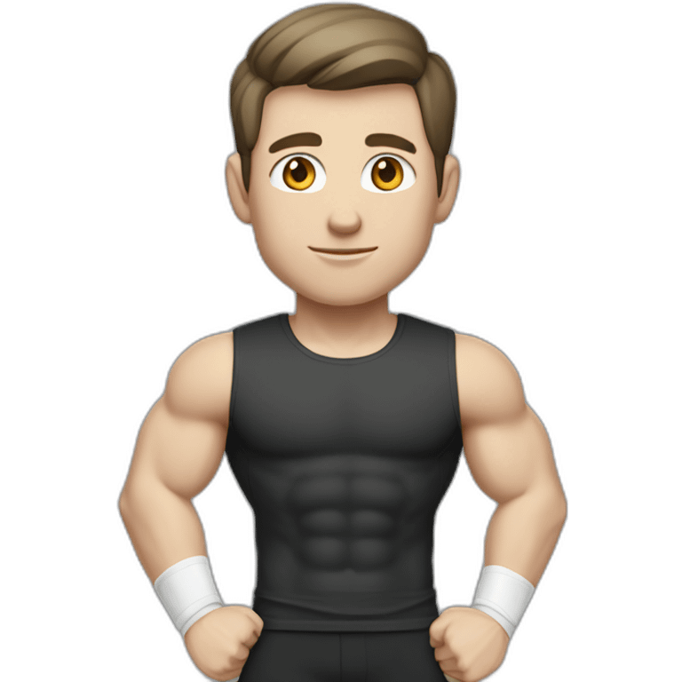 Pale skinned Fit Man With the biceps and dark brown hair in black shirt, gray sports shorts and white Sneakers emoji