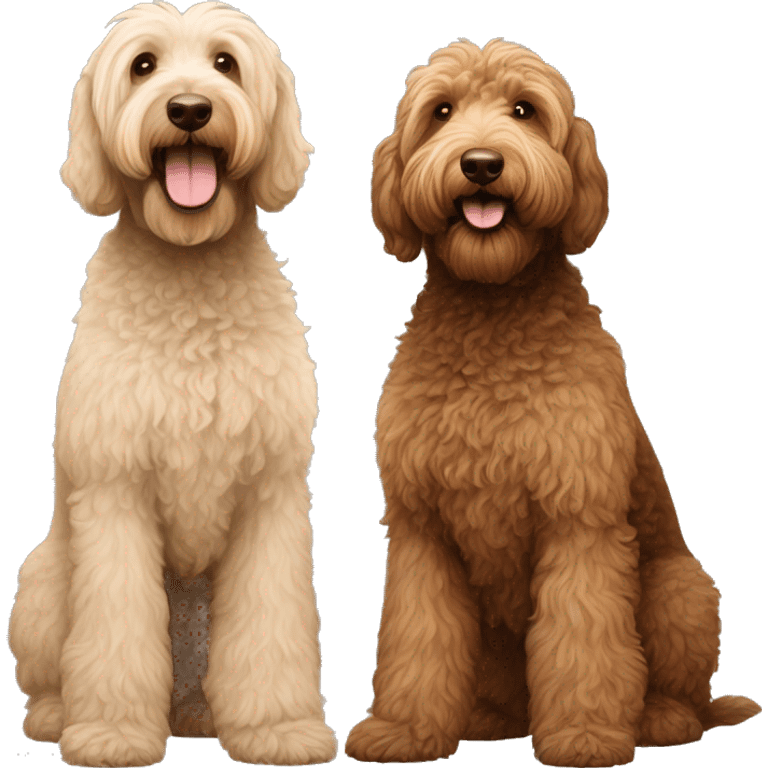 1 tan color and 1 dark brown color labradoodles standing next to each other  emoji