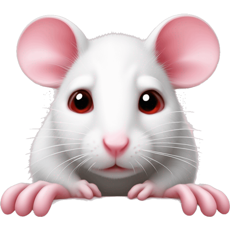 Realistic white rat with small ears, bright red eyes and baby pink tail and baby pink paws in sleeping position sad face eyes open emoji