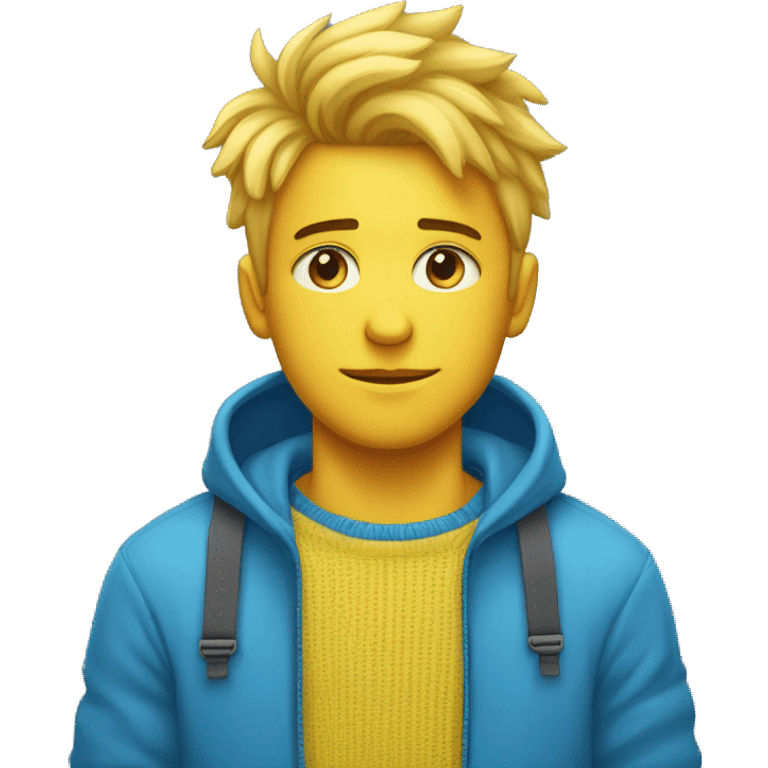 Garçon choqué aux cheveux et yeux bleu qui porte un pull bleu avec une étoile jaune sur un côté du pull emoji