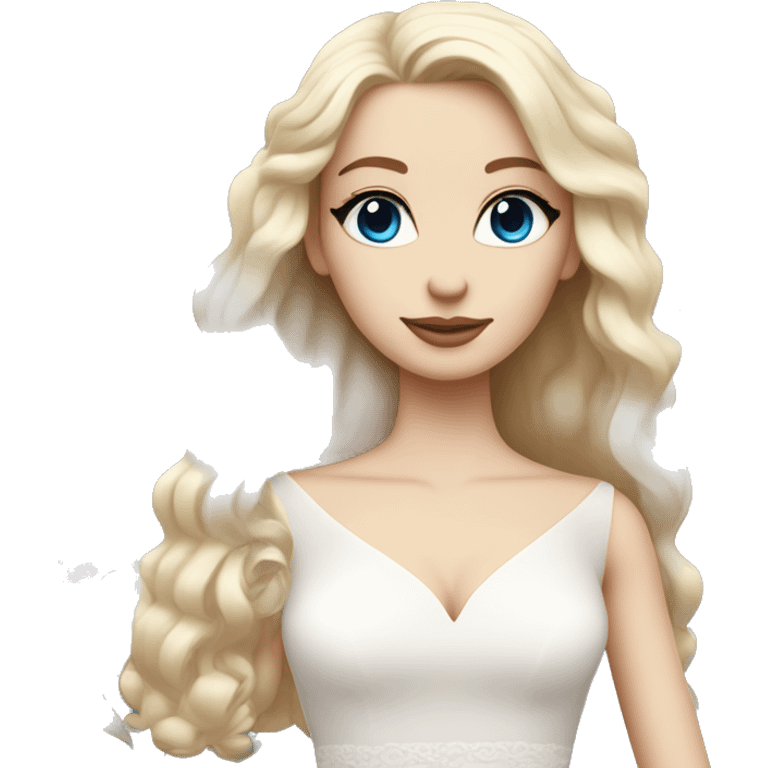 White bride with long light blonde hair and blue eyes with light pink peonies in hair white skin  emoji