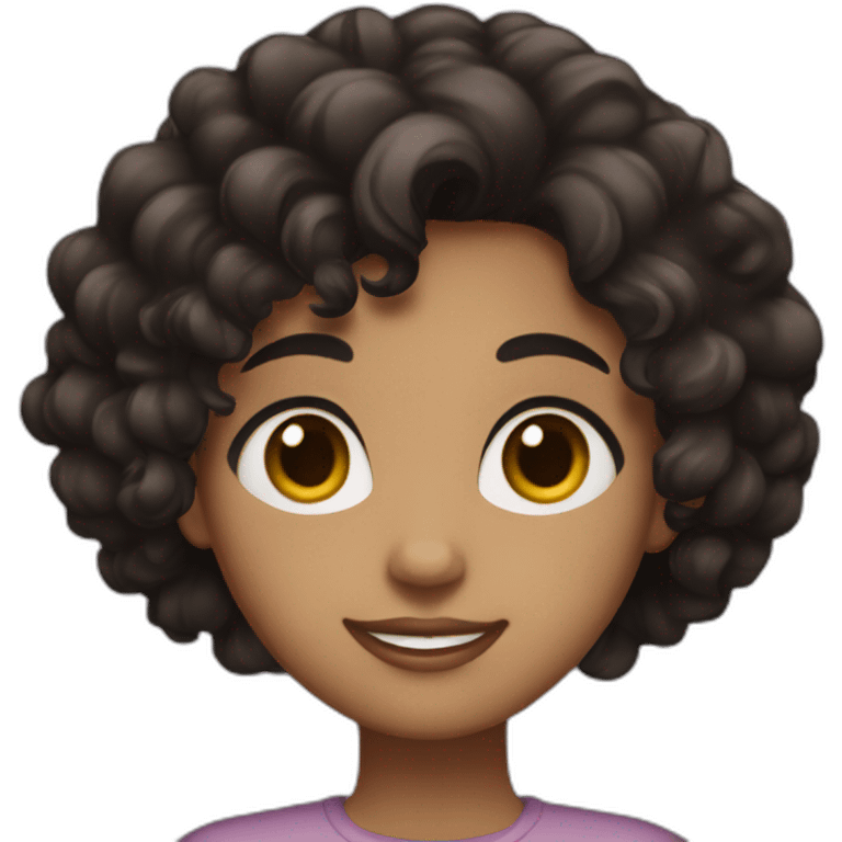 A girl with brown eyes, short black curly hair, a medium body, and burgundy skin emoji