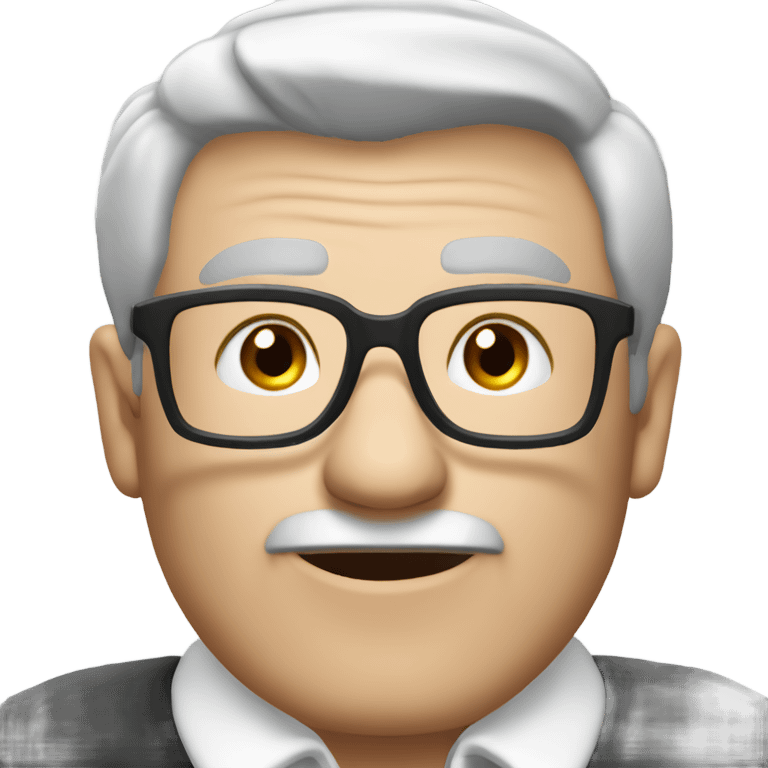 old english man, with glasses, grey hair, no moustache. wearing a white smart polo shirt with black buttons. emoji